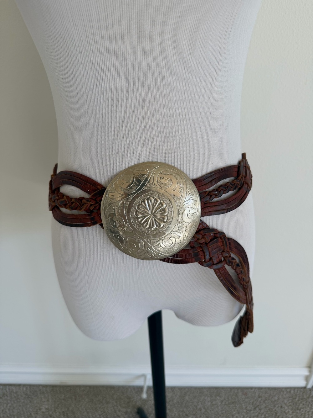 Vintage Brown Braided Leather Belt with Large Silver Engraved Concho